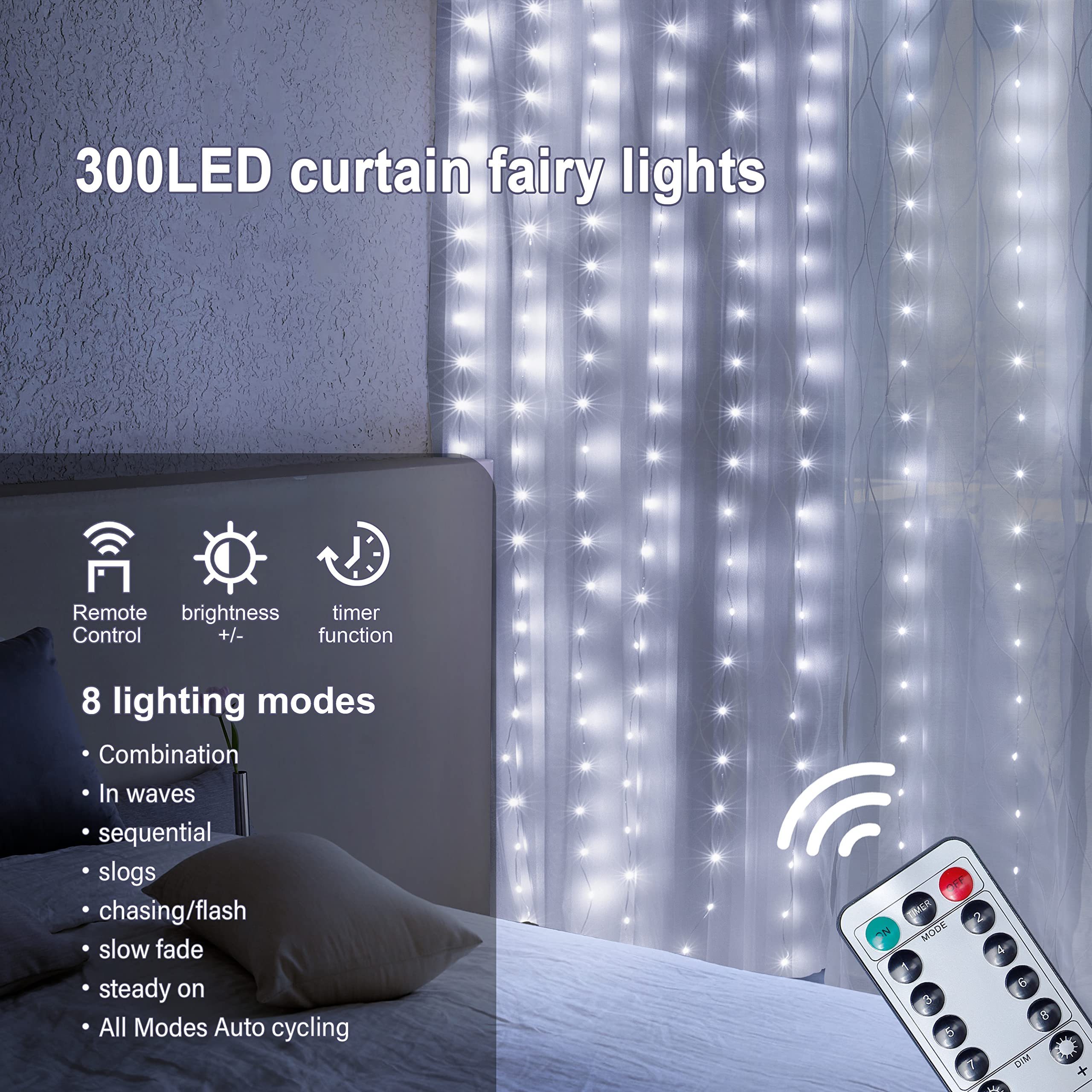 Woohaha Window Curtain String Light 300 LED with 8 Lighting Modes Remote Control USB Powered Waterproof Fairy Lights Curtain