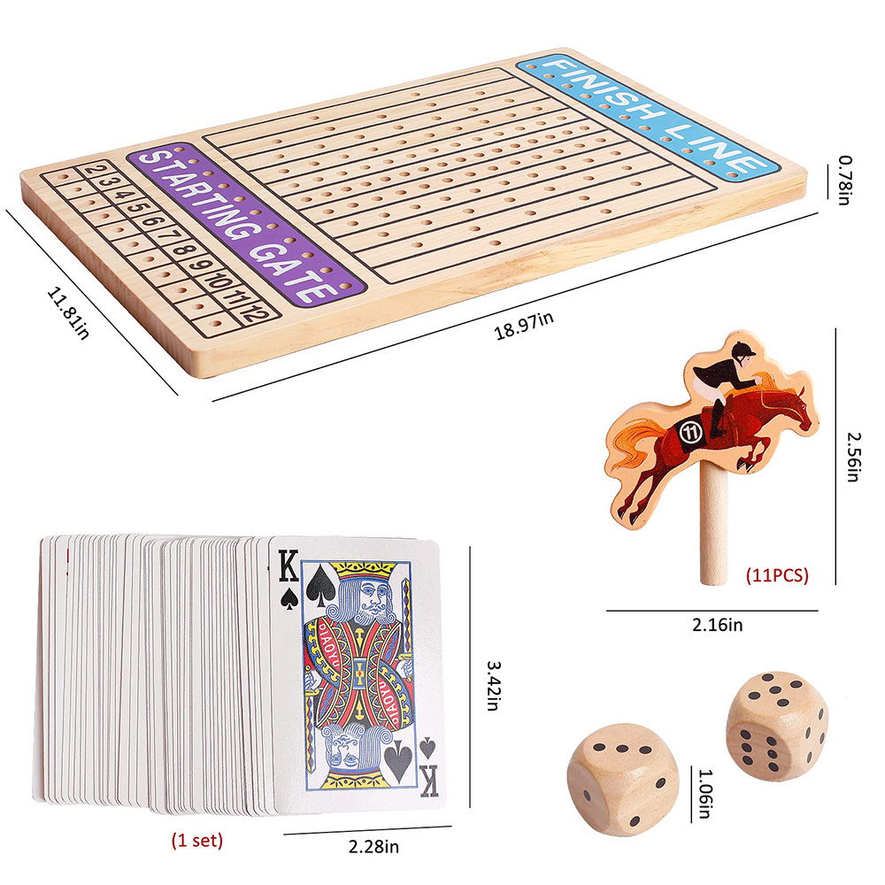 Wood Metal Horses Thickened Finish LINE with Dice Cards Chips Family Tabletop Game Night Horseracing Game Horse Race Board Game