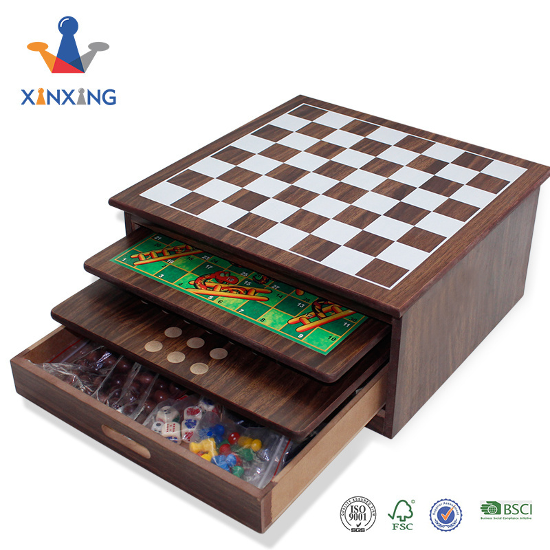 Board Game Set Deluxe 15 in 1 Tabletop Natural Wood Board Game Center with Storage Drawer Combo Set Portable Table Games