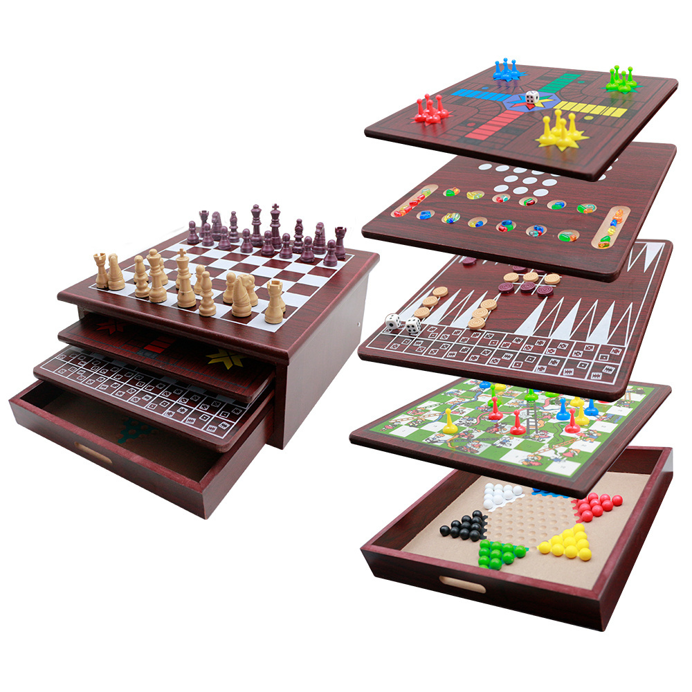 New design Multi-function Wooden 15 in 1 or 10 in 1 games set chess backgammon ludo checker sanke ladder mancala