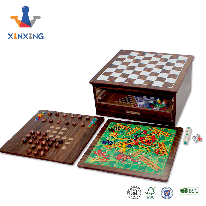 Board Game Set Deluxe 15 in 1 Tabletop Natural Wood Board Game Center with Storage Drawer Combo Set Portable Table Games