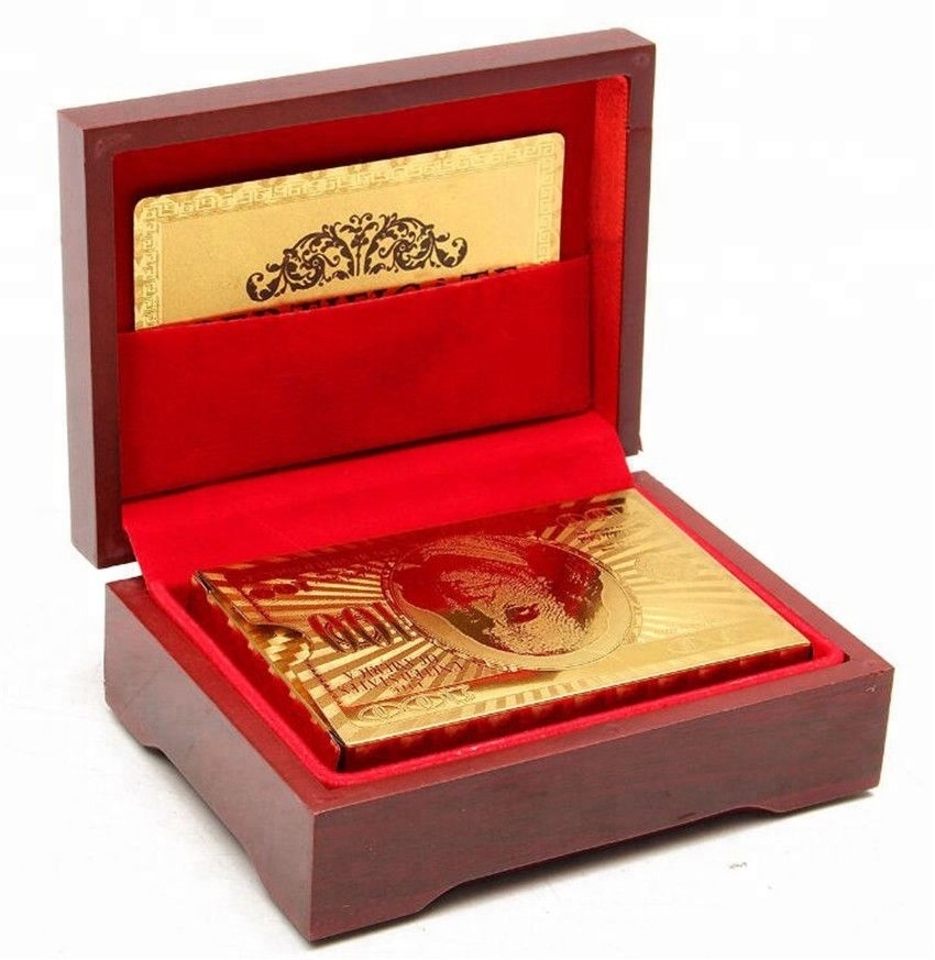 24K Gold Plated Poker Game 54 Playing Cards + Wooden Box For Party Casino Gift