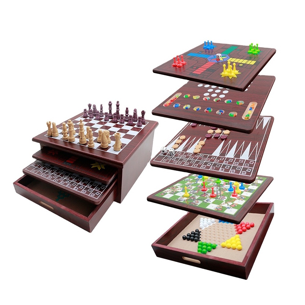 Board Game Set Deluxe 15 in 1 Tabletop Natural Wood Board Game Center with Storage Drawer Combo Set Portable Table Games