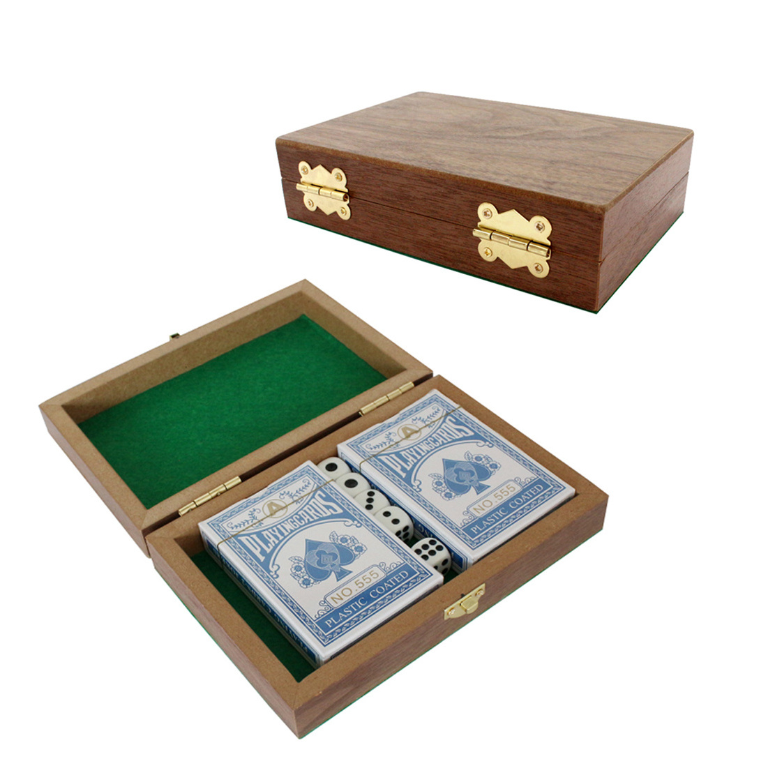 Customizable Poker Playing Set with Two Decks of High-Quality Cards and Five Dice in a Durable MDF Wooden Box