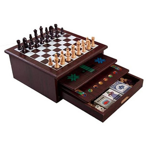 Board Game Set Deluxe 15 in 1 Tabletop Natural Wood Board Game Center with Storage Drawer Combo Set Portable Table Games