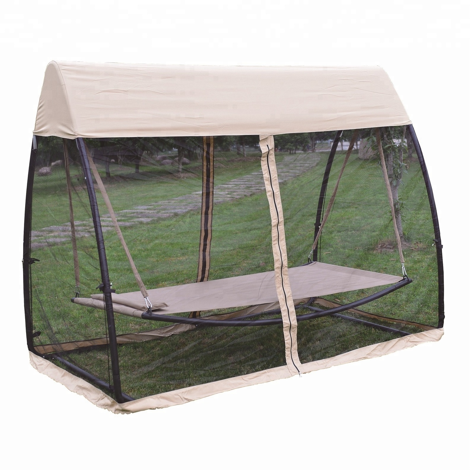 Outdoor steel hammock stand with mosquito net