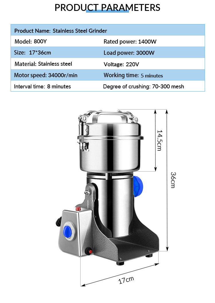 Electric Stainless Steel Small Bean Salt Milling Grain Dry Spice Grinder Mill Machine Food Processor For Household