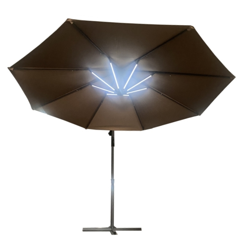 Solar power Garden courtyard sunshade Umbrella 9FT Cantilever Patio Hanging led light Outdoor Market Umbrella with Cross Base