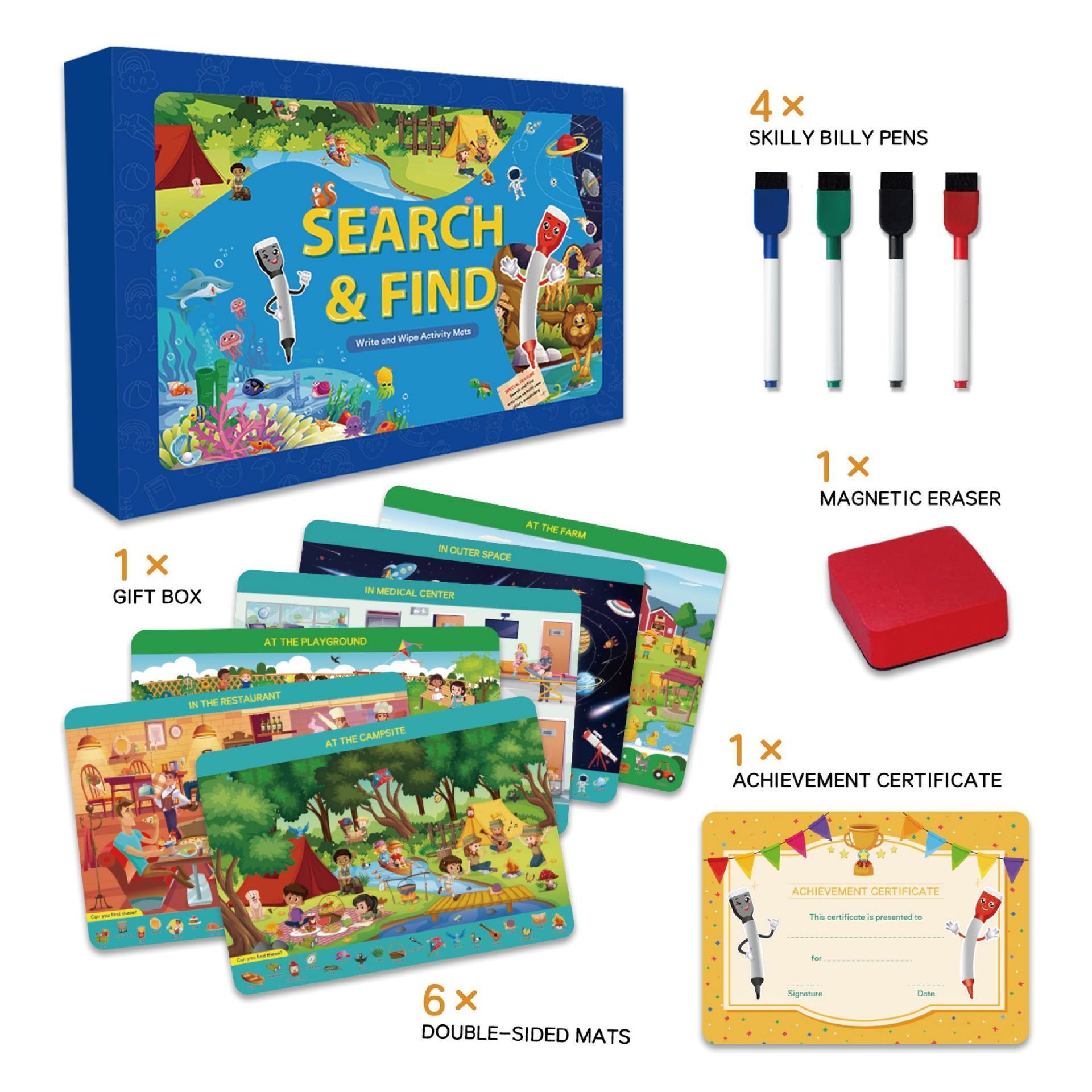 Preschool Educational Game Search and Find Cards mats for Kids with 4 Dry Erase Markers Reusable Activity Mats