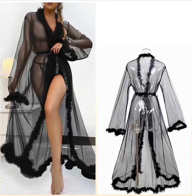 Newest Design Women Sexy Bathrobe Fur Mesh Robe Solid Color Transparent Sexy Lace Long Robes Pajamas Women With Sashes