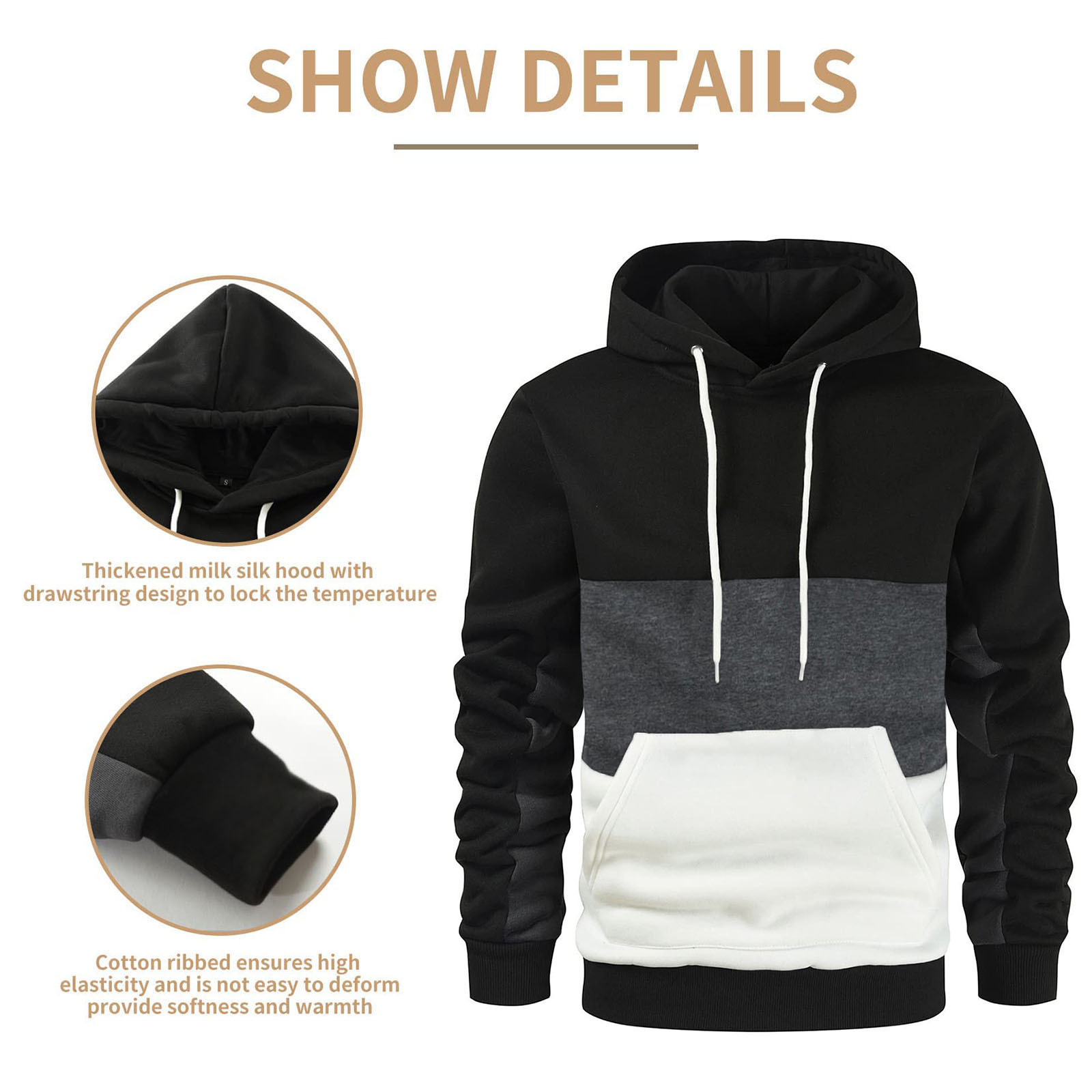 Wholesale Men Pullover Hoody Jacket For Outdoor Lining Fleece Leisure Contrast Color Jacket With Kangaroo Pocket and Drawstring