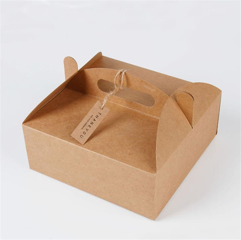 Custom Printing Blank Brown Kraft Take Away Paper Pizza Boxes Dessert Pastry Packaging with Handle Cake Box Eco-friendly 200pcs