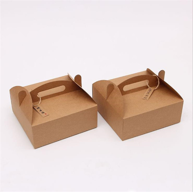 Custom Printing Blank Brown Kraft Take Away Paper Pizza Boxes Dessert Pastry Packaging with Handle Cake Box Eco-friendly 200pcs