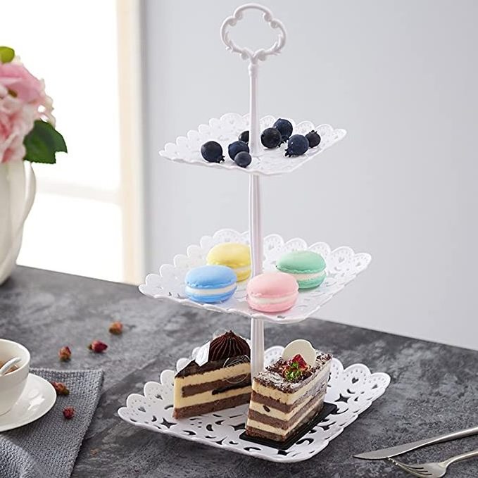 3-Tier Plastic Cupcake Stand Dessert Plates Mini Cakes Fruit Candy Display Tower White for Kids Birthday Tea Party Baby Shower