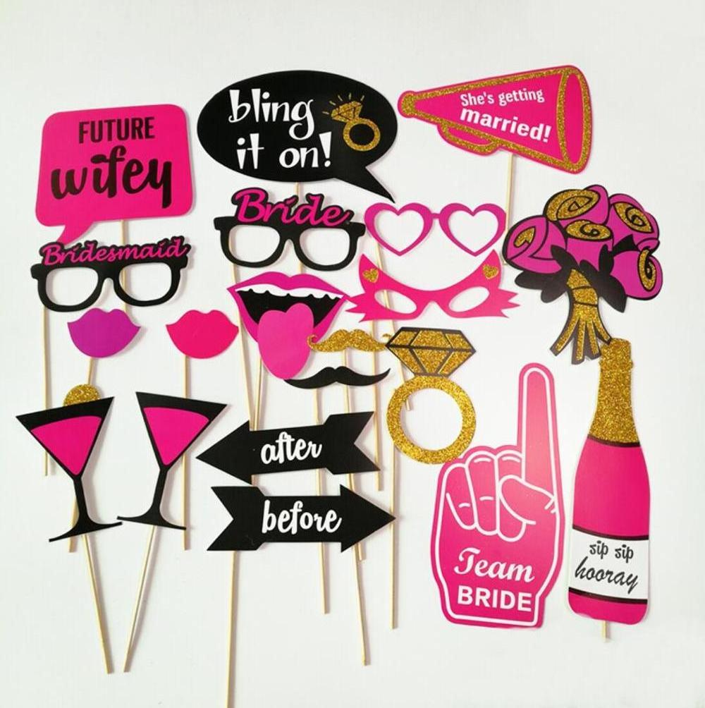 Bachelorette Wedding Bride To Be Party Photo Booth Props on Sticks with Glasses ,Diamond ring ,Pink Lipstick