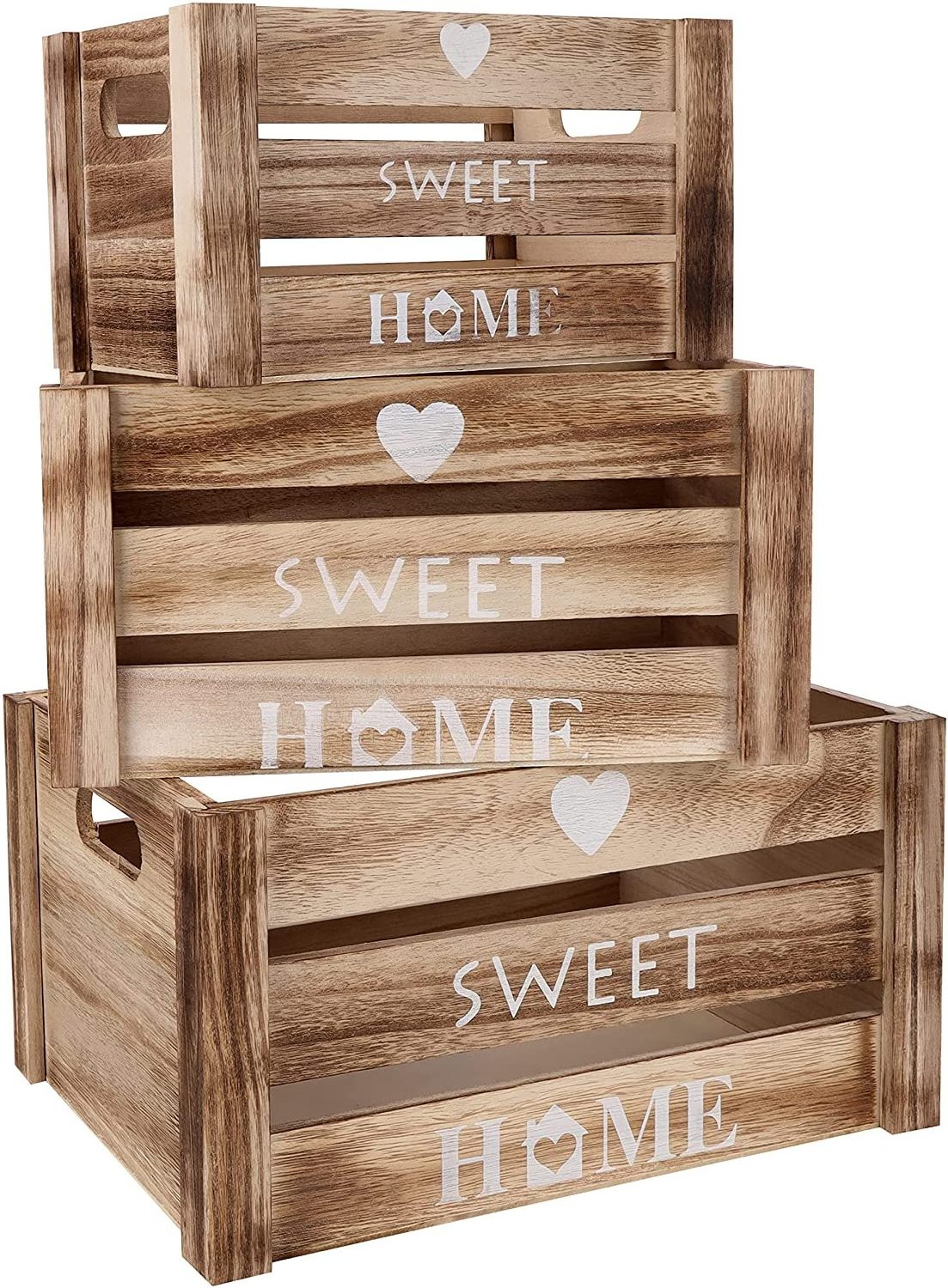 Belle Vous Wooden Box Crates with Handles (Set of 3) - Rustic Small, Medium & Large Size Decorative Wood Crate