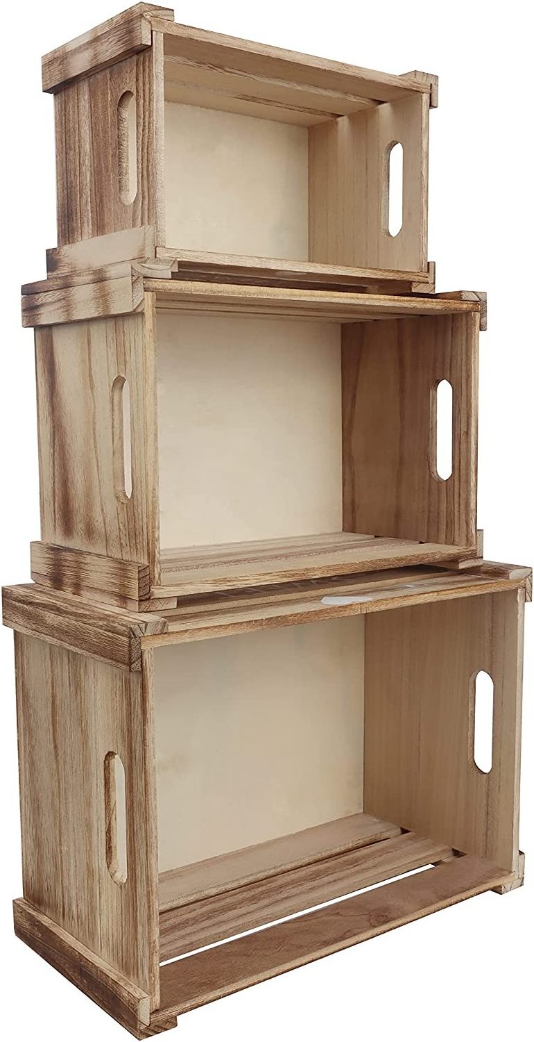 Belle Vous Wooden Box Crates with Handles (Set of 3) - Rustic Small, Medium & Large Size Decorative Wood Crate