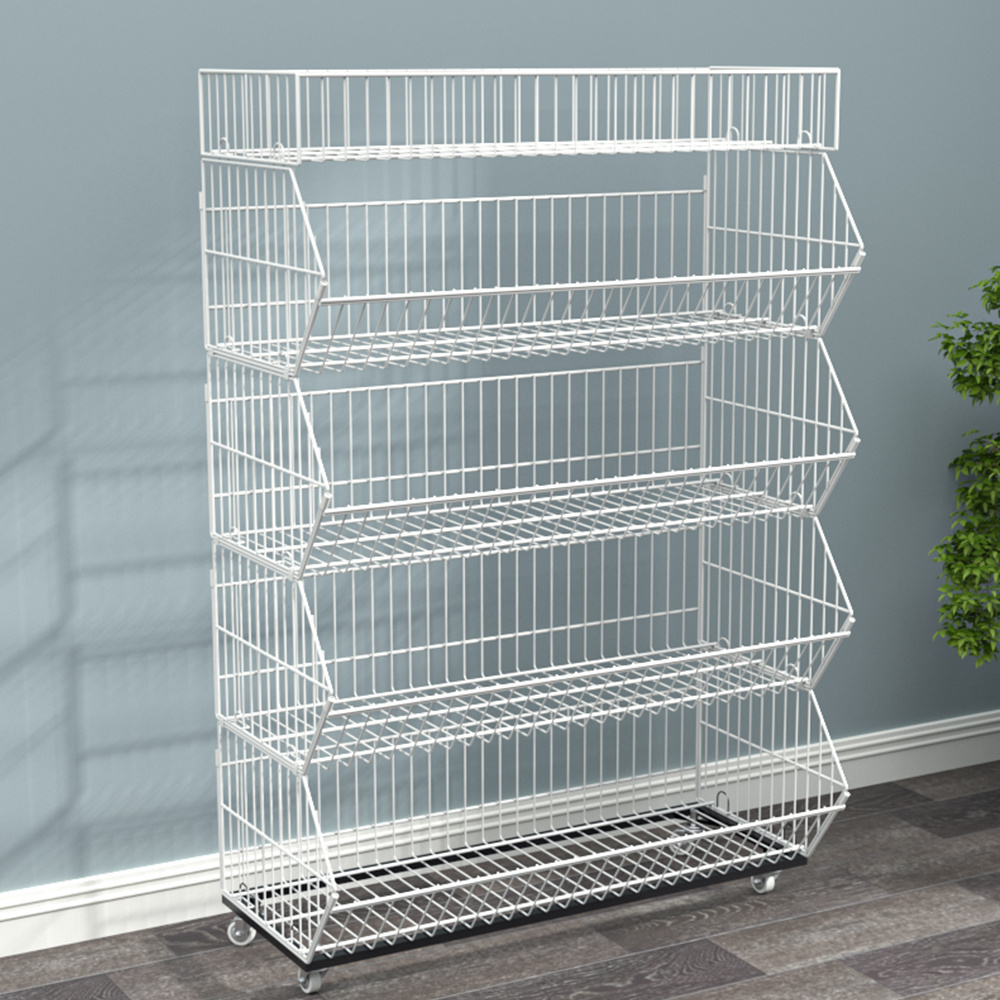 High quality 5 tiers basket storage wire shelving white supermarket shelves