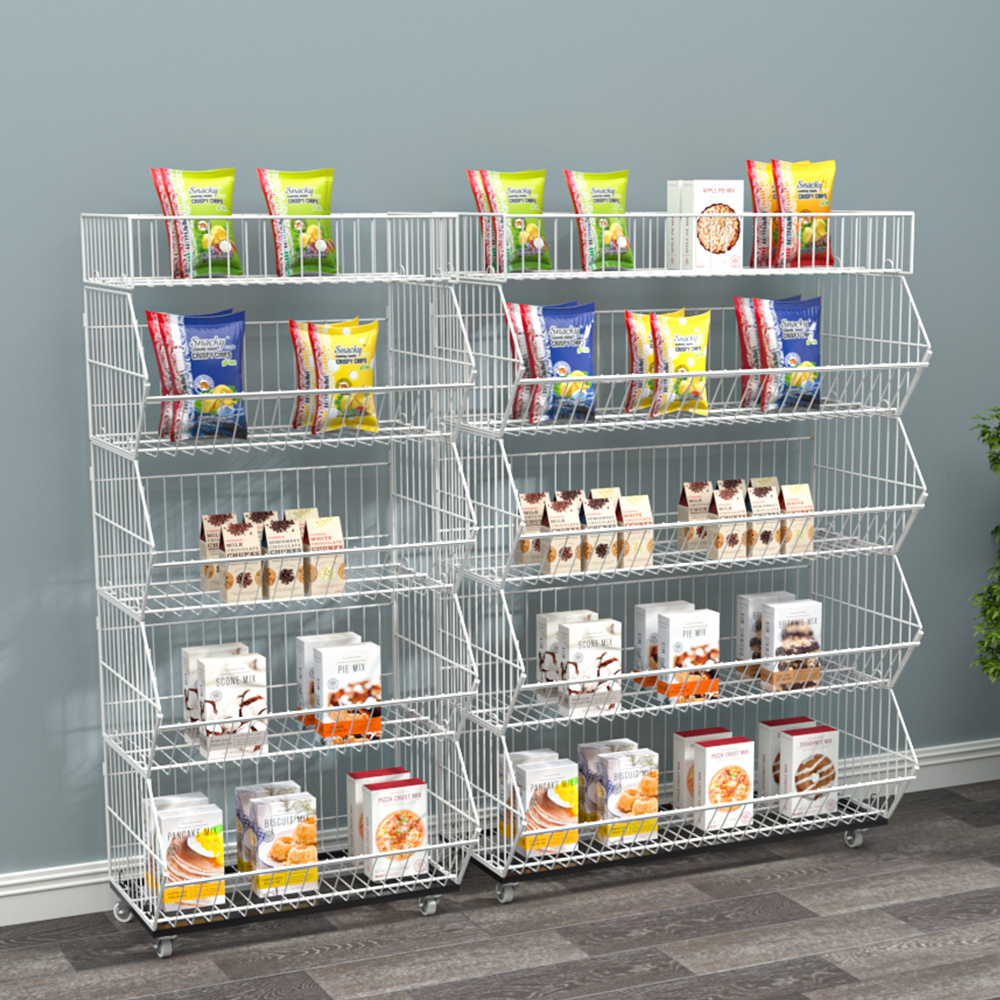 High quality 5 tiers basket storage wire shelving white supermarket shelves