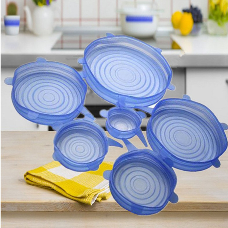 S1242 Kitchen Tools 6PCS/SET Reusable Fresh Keeping Cap Wrap Universal Seal Lid Cover Stopper Silicone Stretch Suction Pot Lids