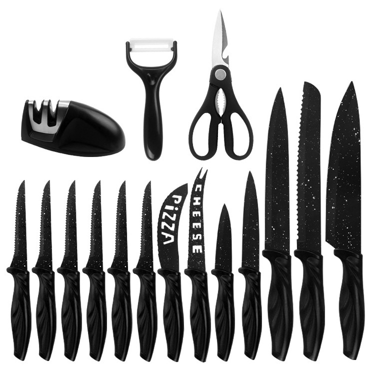 DLL351 Hot Sale 17pcs Kitchen Chef Knife Set Stainless Steel Carving Cheese Pizza Knife Scissors Knife Sharpener with Block