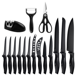 DLL351 Hot Sale 17pcs Kitchen Chef Knife Set Stainless Steel Carving Cheese Pizza Knife Scissors Knife Sharpener with Block