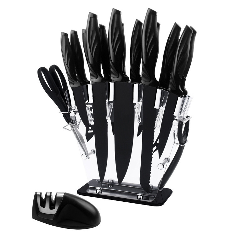 DLL351 Hot Sale 17pcs Kitchen Chef Knife Set Stainless Steel Carving Cheese Pizza Knife Scissors Knife Sharpener with Block