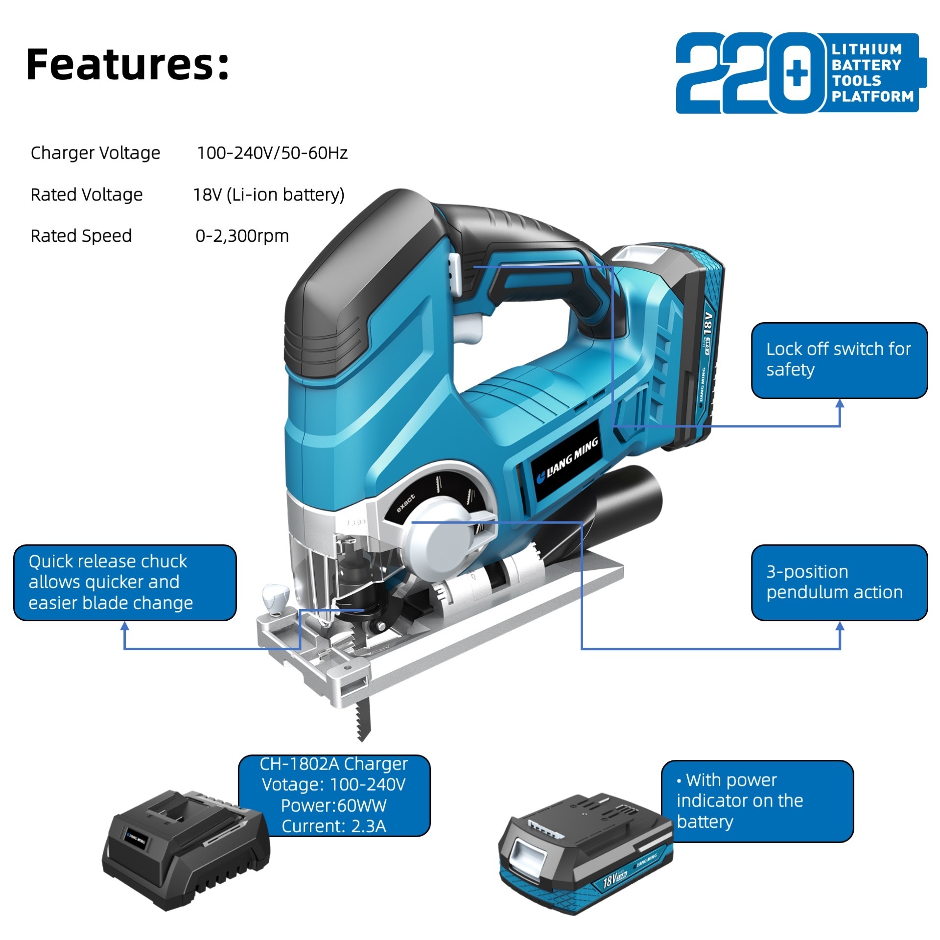 18V Lithium Battery Cordless Electric OEM Jig Saw for Wood Metal Cutting with LED Work-light JS-L0118