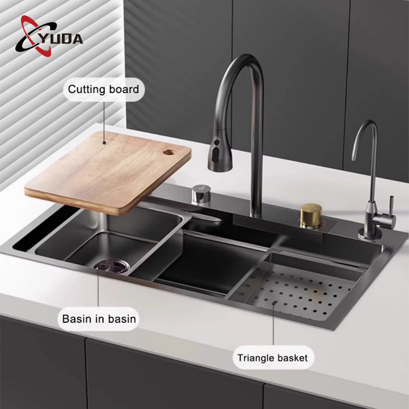 metal kitchen sink glass rinser smart multifunction black modern kitchen sink stainless steel waterfall kitchen sink