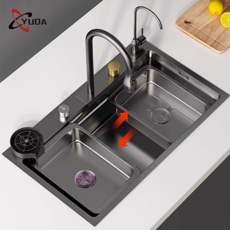 metal kitchen sink glass rinser smart multifunction black modern kitchen sink stainless steel waterfall kitchen sink