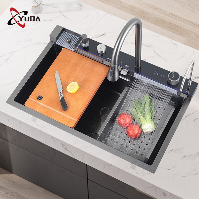 Black Nano Single Modern Stainless Steel display Waterfall Kitchen Sinks Smart 304 handmade Kitchen Sink