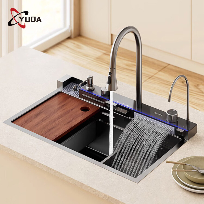 Black Nano Single Modern Stainless Steel display Waterfall Kitchen Sinks Smart 304 handmade Kitchen Sink