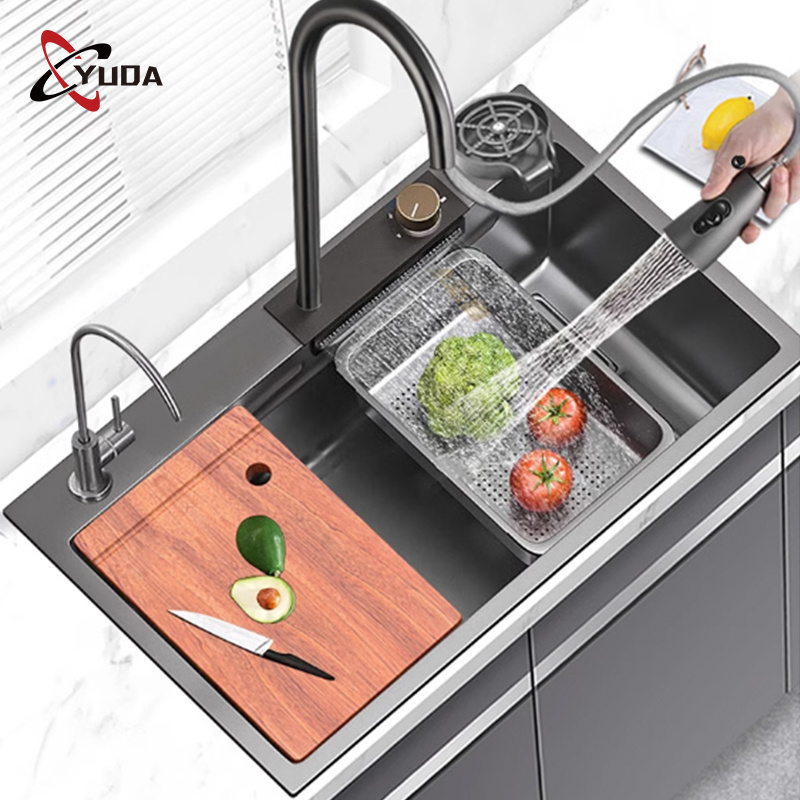 Hot Selling Modern Fashion Sus304 Waterfall Multifunction Kitchen Sink  Luxury High Tech Kitchen Sink