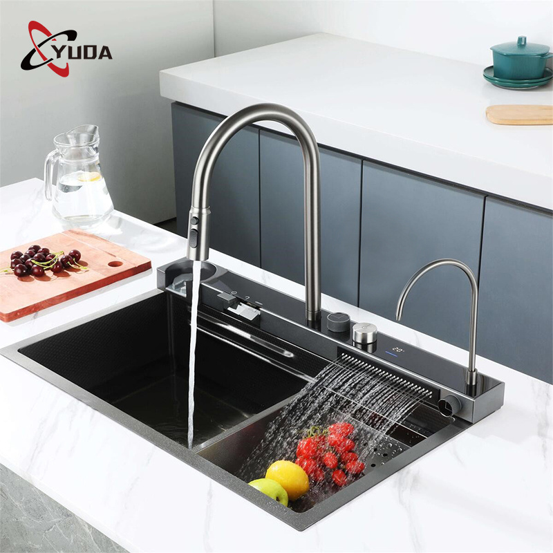 LED Digital Display Waterfall Kitchen Sink 304 Stainless Steel Black Nano Smart  Kitchen Sink With Cup Washer