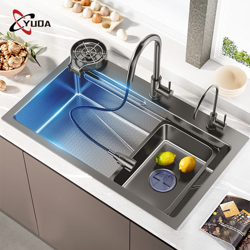 Smart Digital Undermount Kitchen Sink 304 Stainless Steel Single Bowl Waterfall Kitchen Sink With Pull Out Faucet