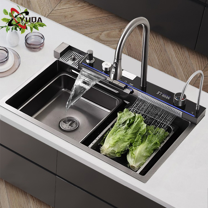 Black Nano Luxury Modern Stainless Steel Kitchen Sink  Anti-Scratch Led Digital Display Waterfall Kitchen Sink