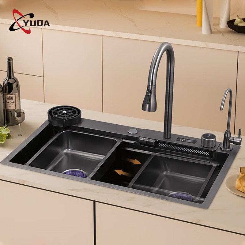 LED Digital Display Waterfall Kitchen Sink 304 Stainless Steel Black Nano Smart  Kitchen Sink With Cup Washer