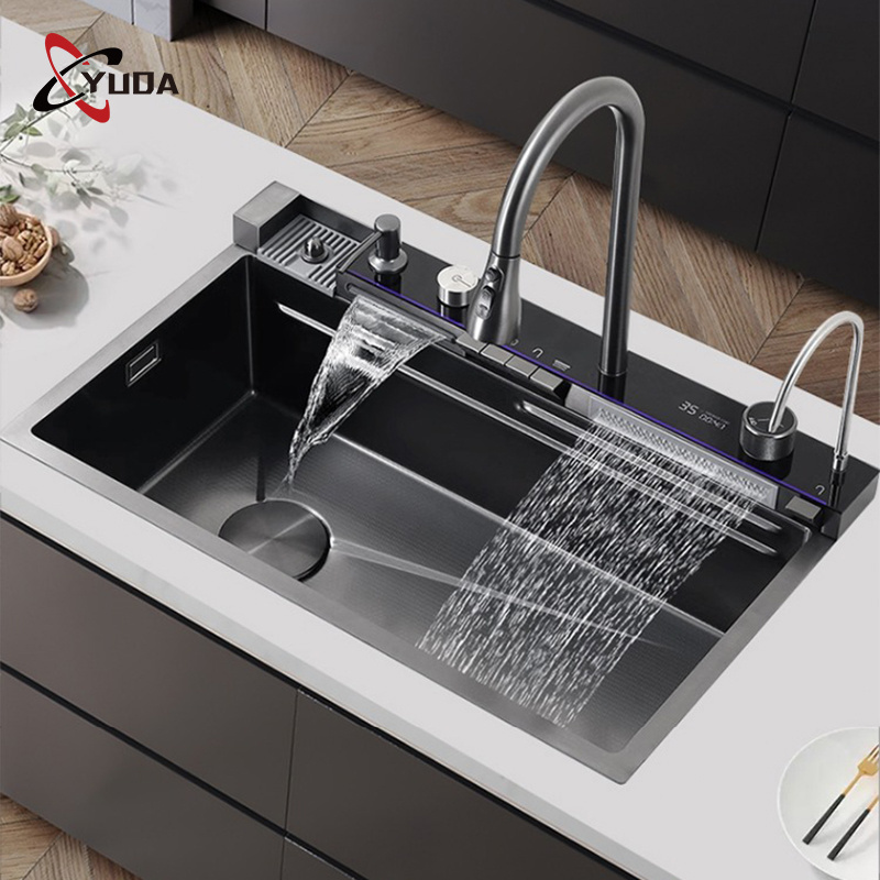 Black Nano Luxury Modern Stainless Steel Kitchen Sink  Anti-Scratch Led Digital Display Waterfall Kitchen Sink