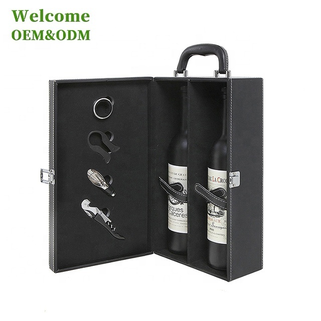 ISO BSCI factory custom 2 bottles top handle travel gift leather wine box