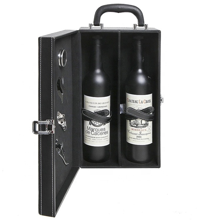 ISO BSCI factory custom 2 bottles top handle travel gift leather wine box