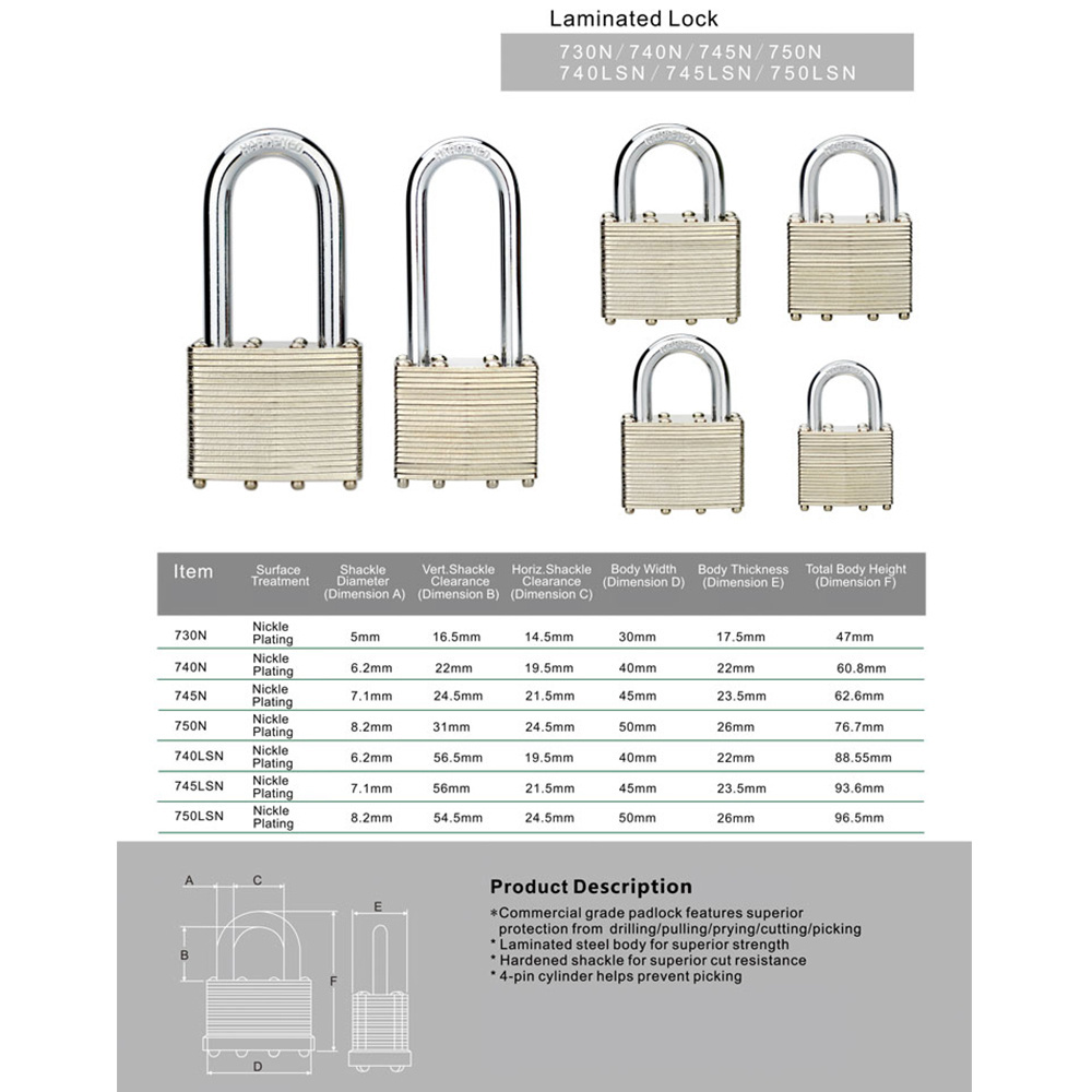 Laminated Heavy Duty Steel Keyed Long Shackle Security 1-9/16''Wide Body Pad Locks