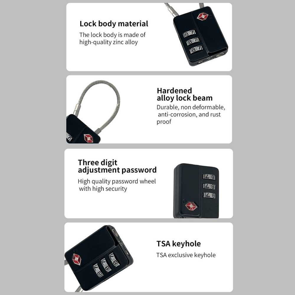 Latest Design Cable Padlock 3 Digit Luggage Lock TSA Approved Combination Suitcase Lock