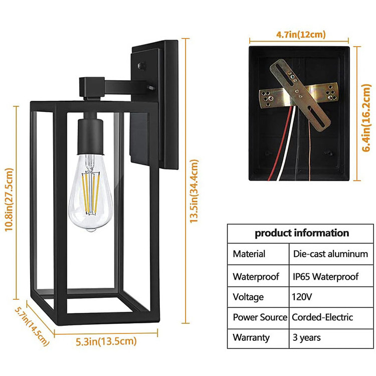 Wall Lamp Outdoor Black Exterior Wall Lantern Waterproof Sconce Porch Lights E27 Wall Mount With Clear Glass Panels