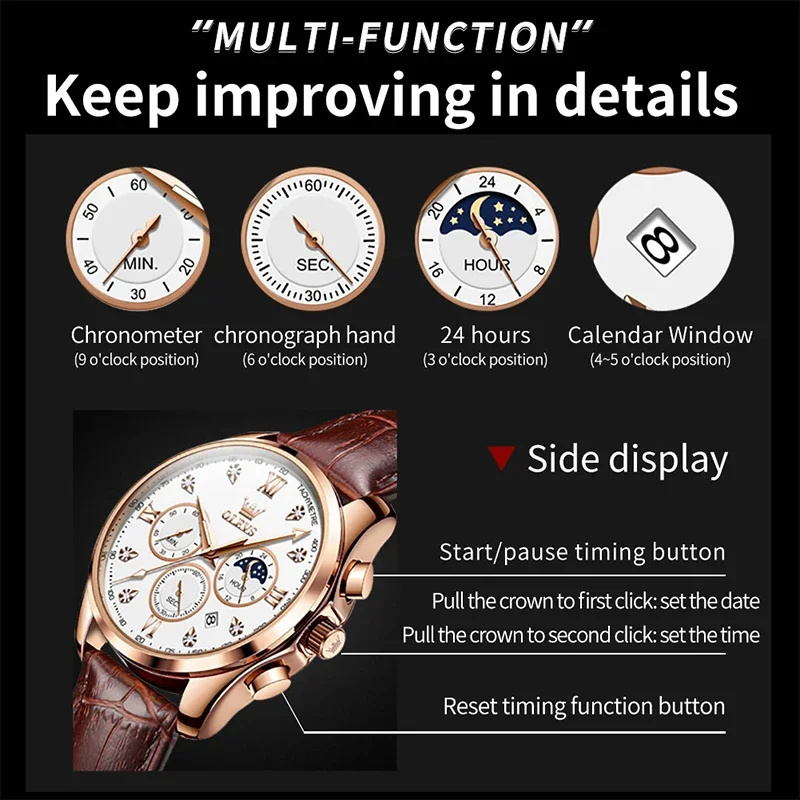 OLEVS 2888 Men's Watches Original  Quartz Watch Waterproof Sport Multifunction Wristwatch Moon Phase Fashion Watches for Men