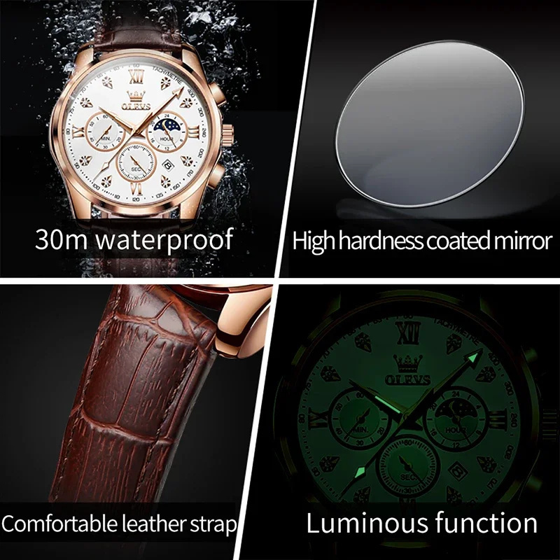 OLEVS 2888 Men's Watches Original  Quartz Watch Waterproof Sport Multifunction Wristwatch Moon Phase Fashion Watches for Men