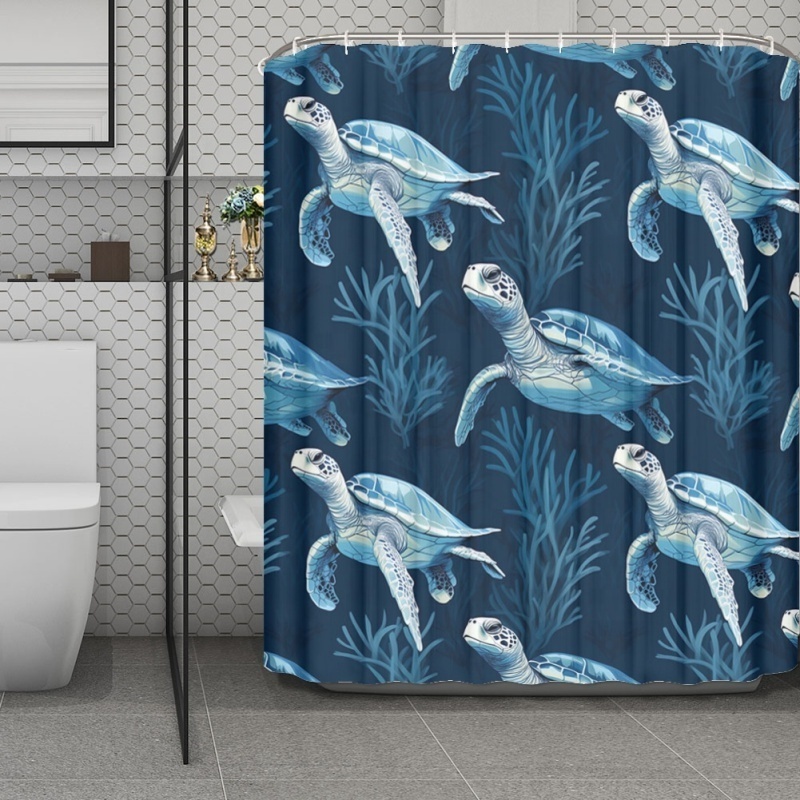 Sea Turtle Sea Grass Teal Pink Print Mildew Proof Waterproof Bathroom Shower Curtain