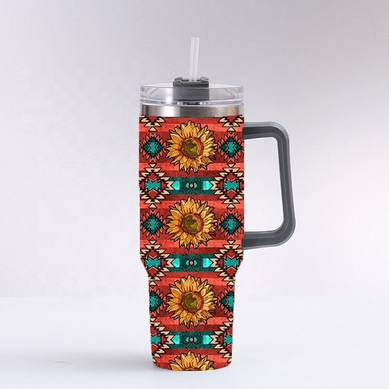 Custom Design Boho Cow Head Sunflower Print Stainless Steel 40oz Tumbler With Handle