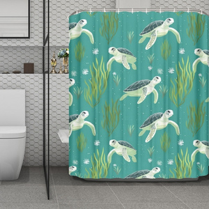 Sea Turtle Sea Grass Teal Pink Print Mildew Proof Waterproof Bathroom Shower Curtain