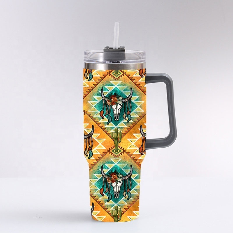 Custom Design Boho Cow Head Sunflower Print Stainless Steel 40oz Tumbler With Handle