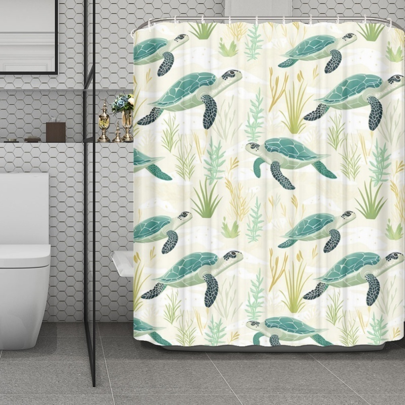 Sea Turtle Sea Grass Teal Pink Print Mildew Proof Waterproof Bathroom Shower Curtain